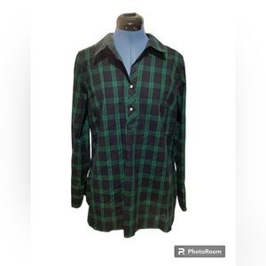 NWOT Talbots cotton/spandex pull over green/navy plaid shirt. Size 10